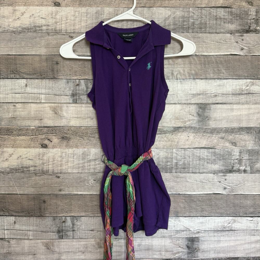 Ralph Lauren Girls Purple Sleeveless Romper Plaid Belt Size Med (8-10)